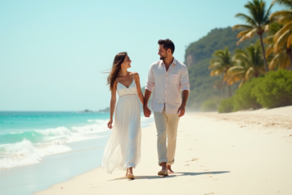 Jeune couple de mariés souriants sur une plage tropicale