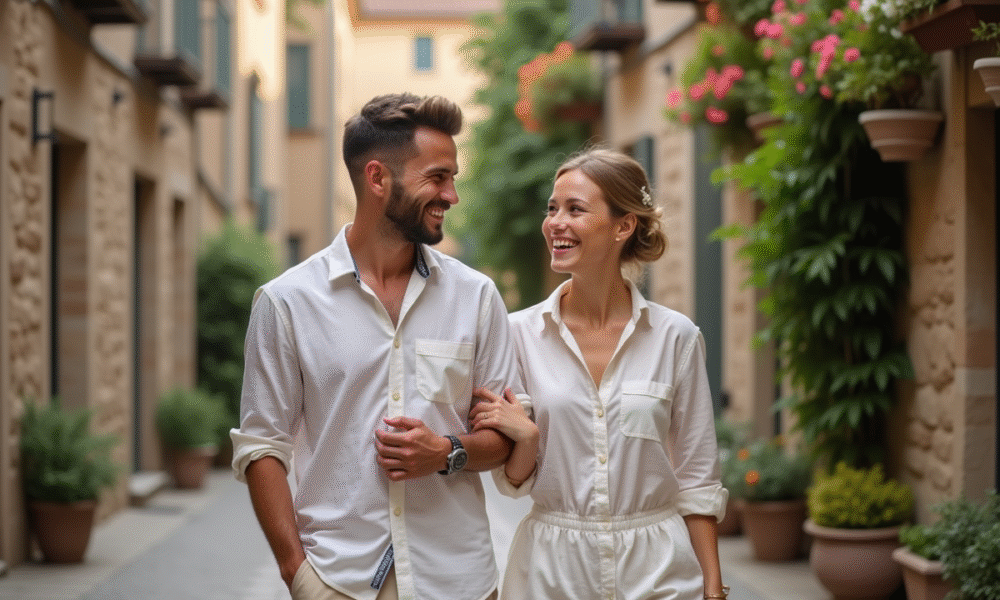 Jeune couple de mariés dans un village européen romantique