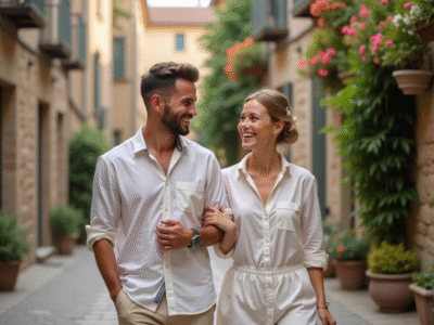 Jeune couple de mariés dans un village européen romantique