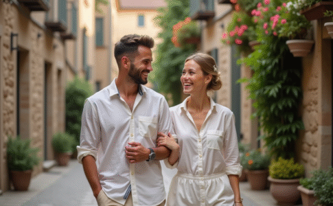 Jeune couple de mariés dans un village européen romantique
