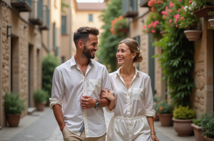 Jeune couple de mariés dans un village européen romantique