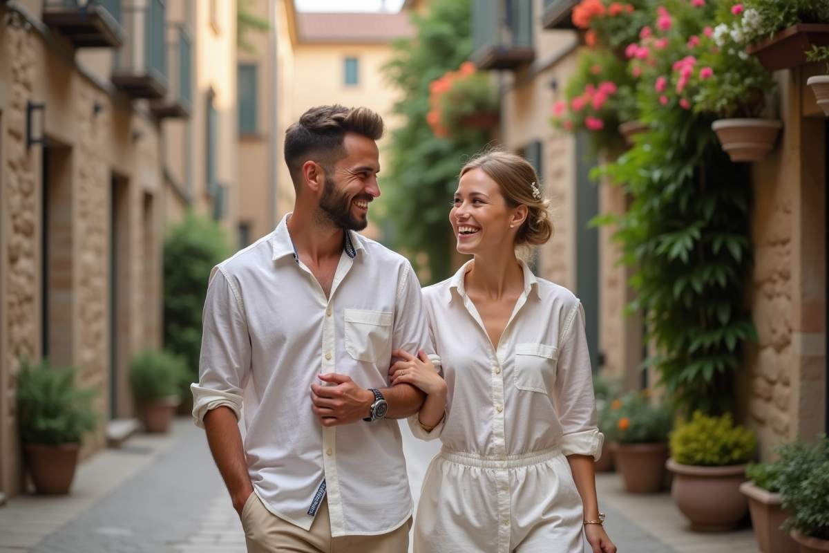 Jeune couple de mariés dans un village européen romantique