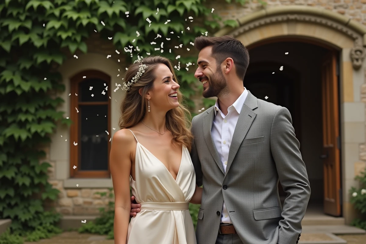 Couple de mariés en tenue chic et décontractée s'embrassant dans une cour de mairie lors d'un mariage civil intime