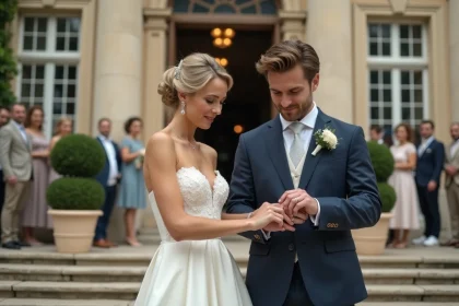 Couple de mariés devant la mairie consultant leur montre avec famille qui attend, plan B mariage