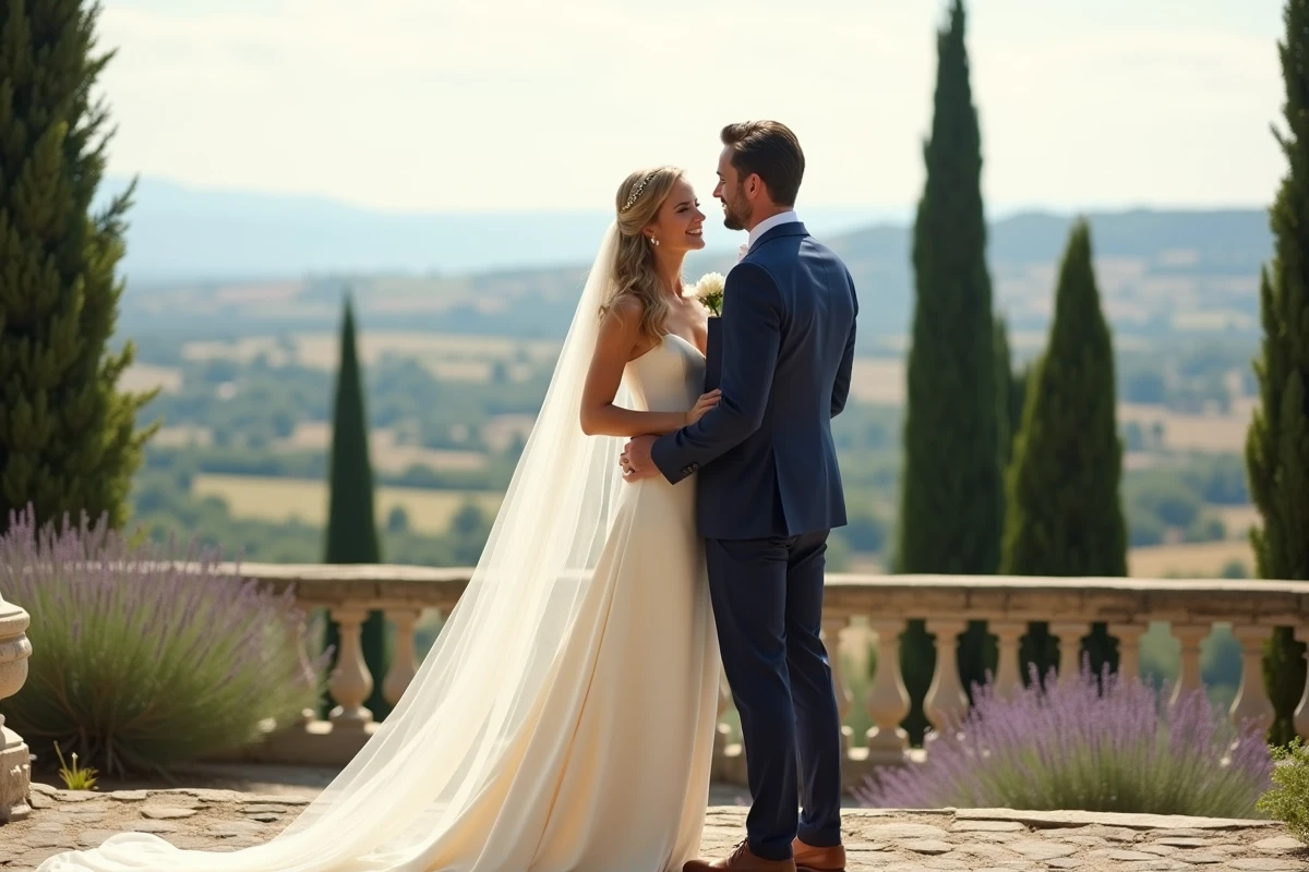 Couple de mariés en tenue élégante sur une terrasse en pierre avec vue panoramique sur la vallée du Luberon et les champs de lavande
