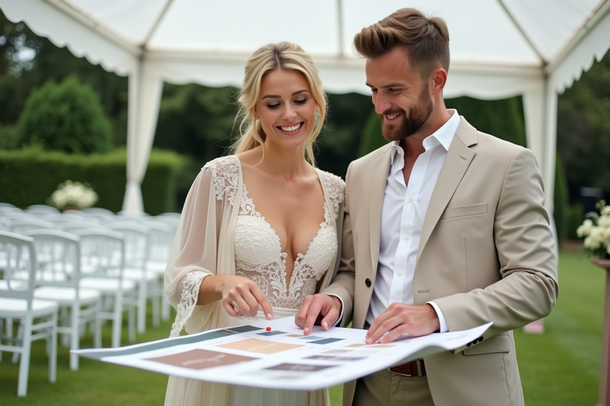 Jeune couple préparant un moodboard de décoration extérieure