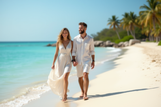 Couple souriant sur la plage de sable blanc turquoise