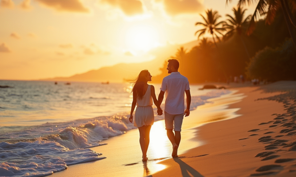 Couple marchant sur la plage tropicale au lever du soleil