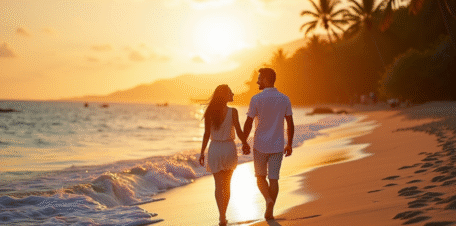 Couple marchant sur la plage tropicale au lever du soleil