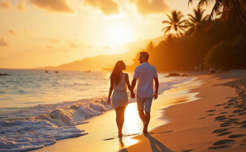 Couple marchant sur la plage tropicale au lever du soleil