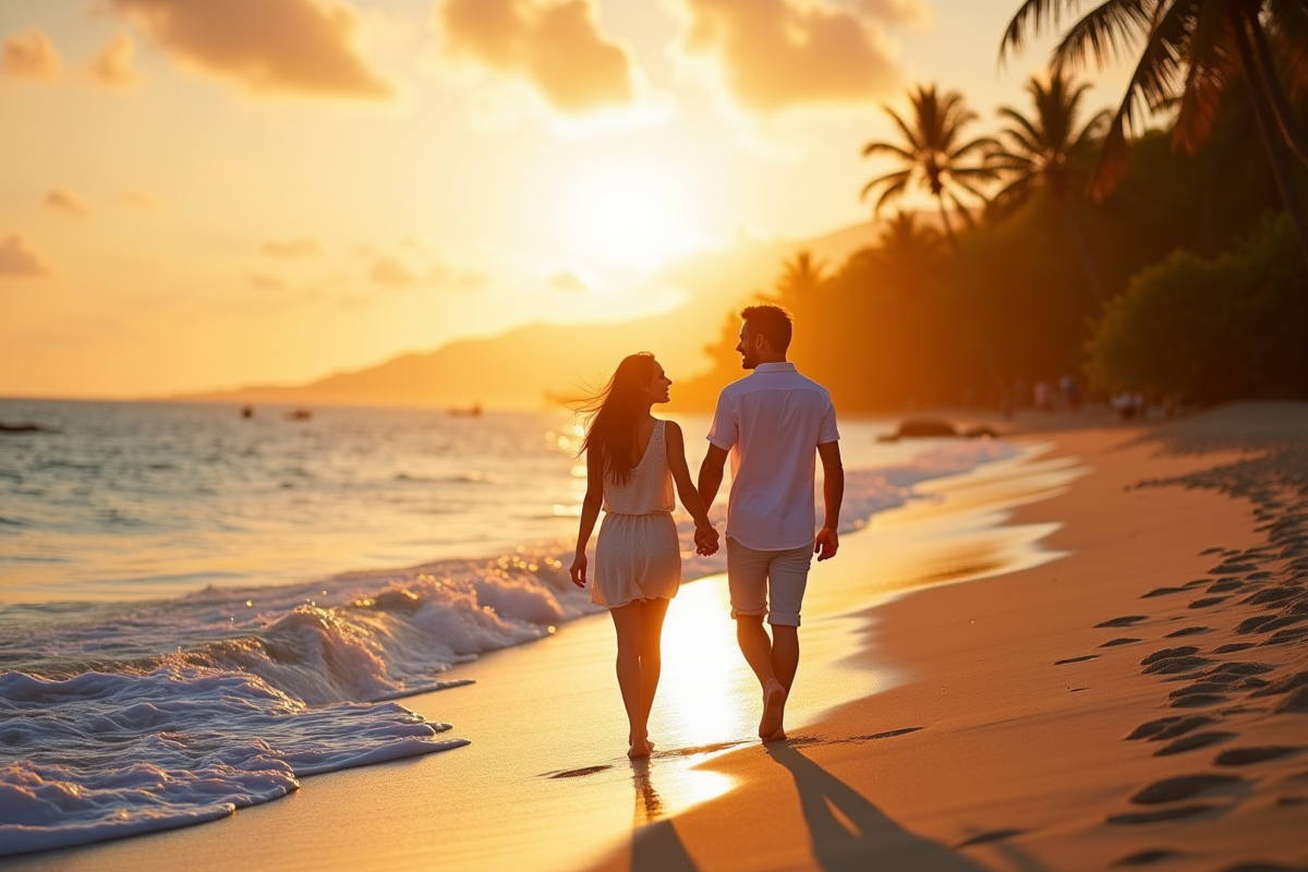 Couple marchant sur la plage tropicale au lever du soleil