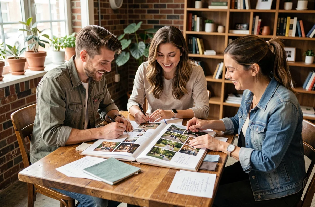 Couple et planificatrice de mariage consultant un book de thèmes et d'inspirations décoratives dans un espace de travail créatif et chaleureux