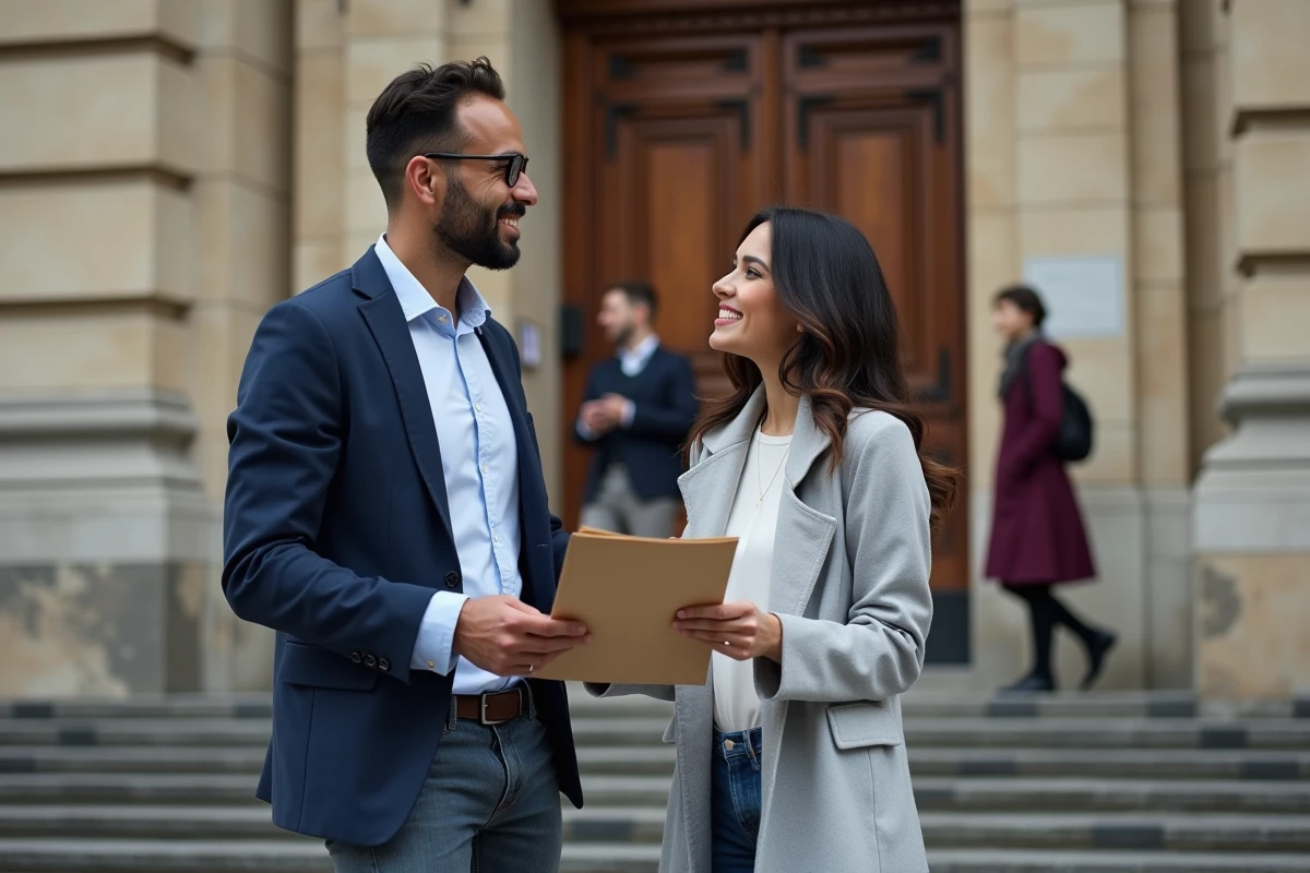 Couple souriant devant une préfecture française après le dépôt d'un dossier de visa mariage ou titre de séjour conjoint