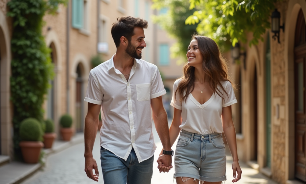 Jeune couple marchant main dans la main dans une ville européenne