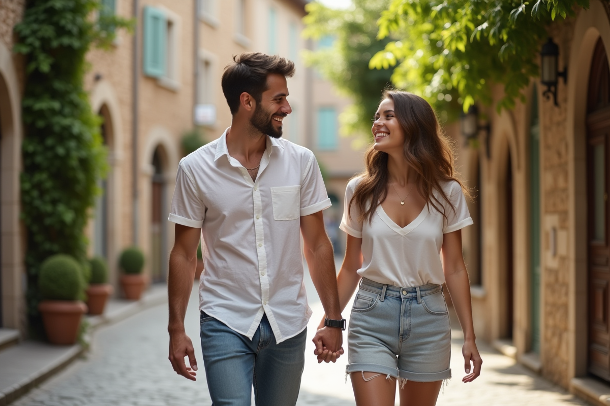 Jeune couple marchant main dans la main dans une ville européenne