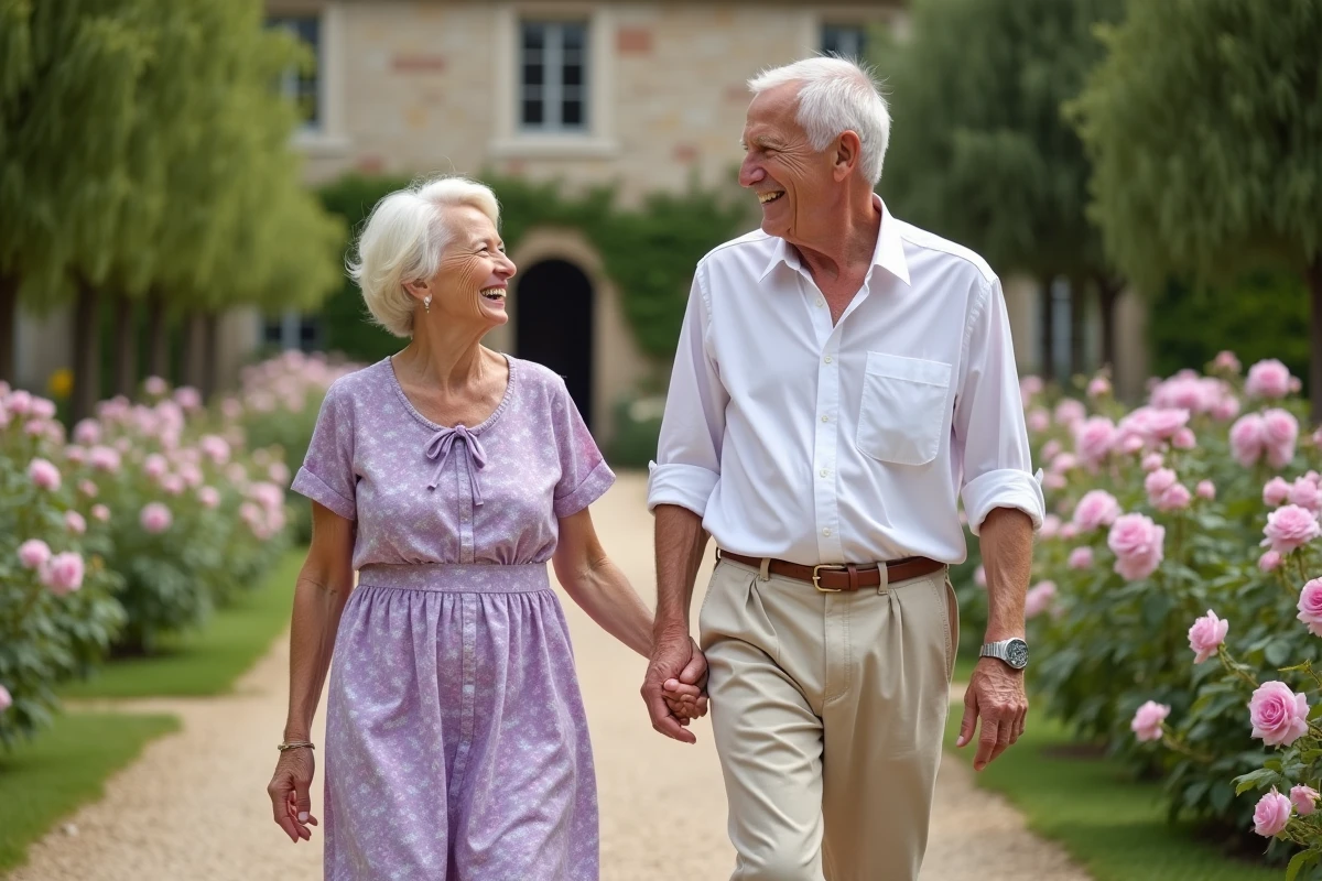 Couple de personnes âgées se promenant dans un jardin fleuri français pour célébrer leurs 55 ans de mariage