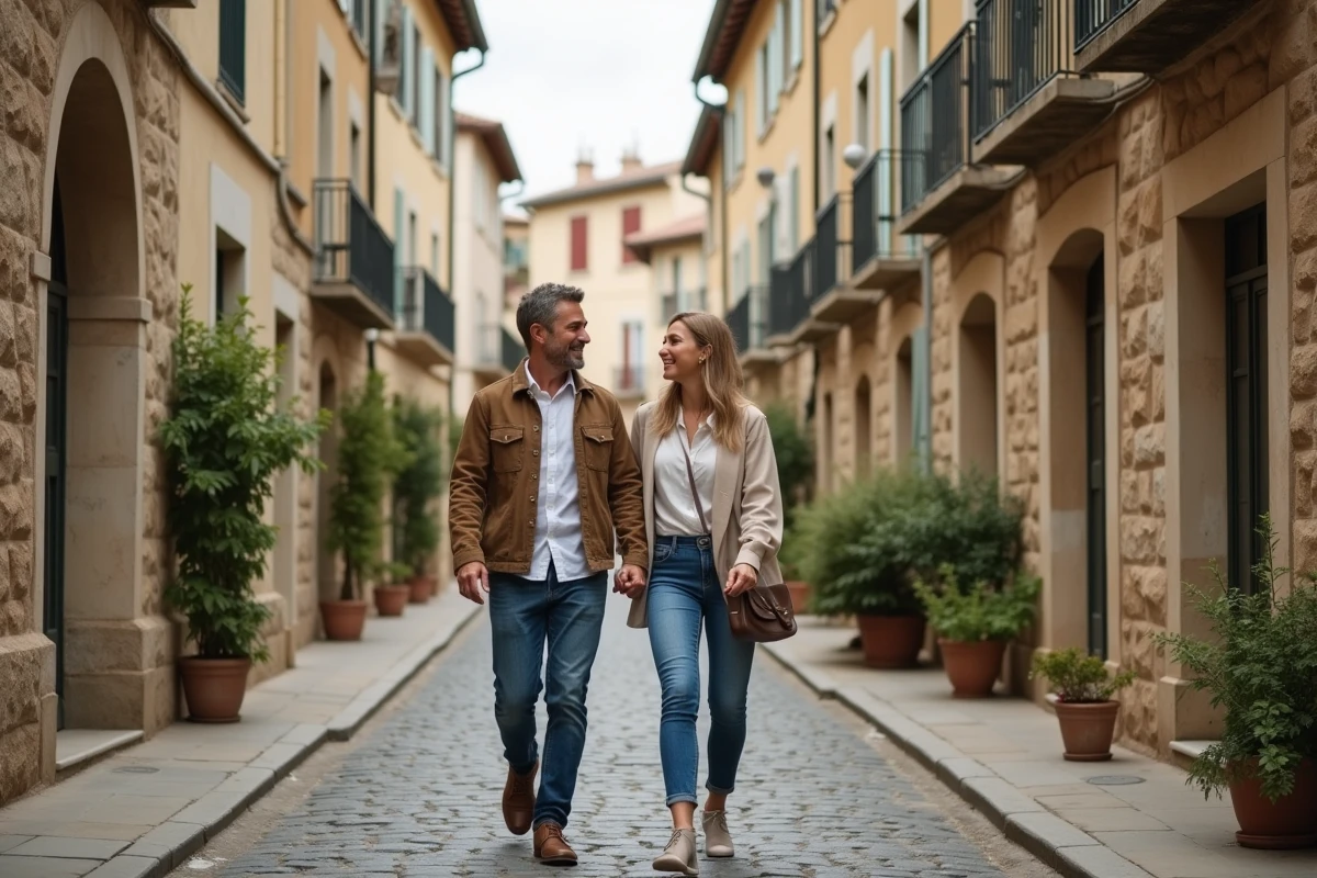 Couple se promenant dans un village français, atmosphère de vie privée et complicité amoureuse