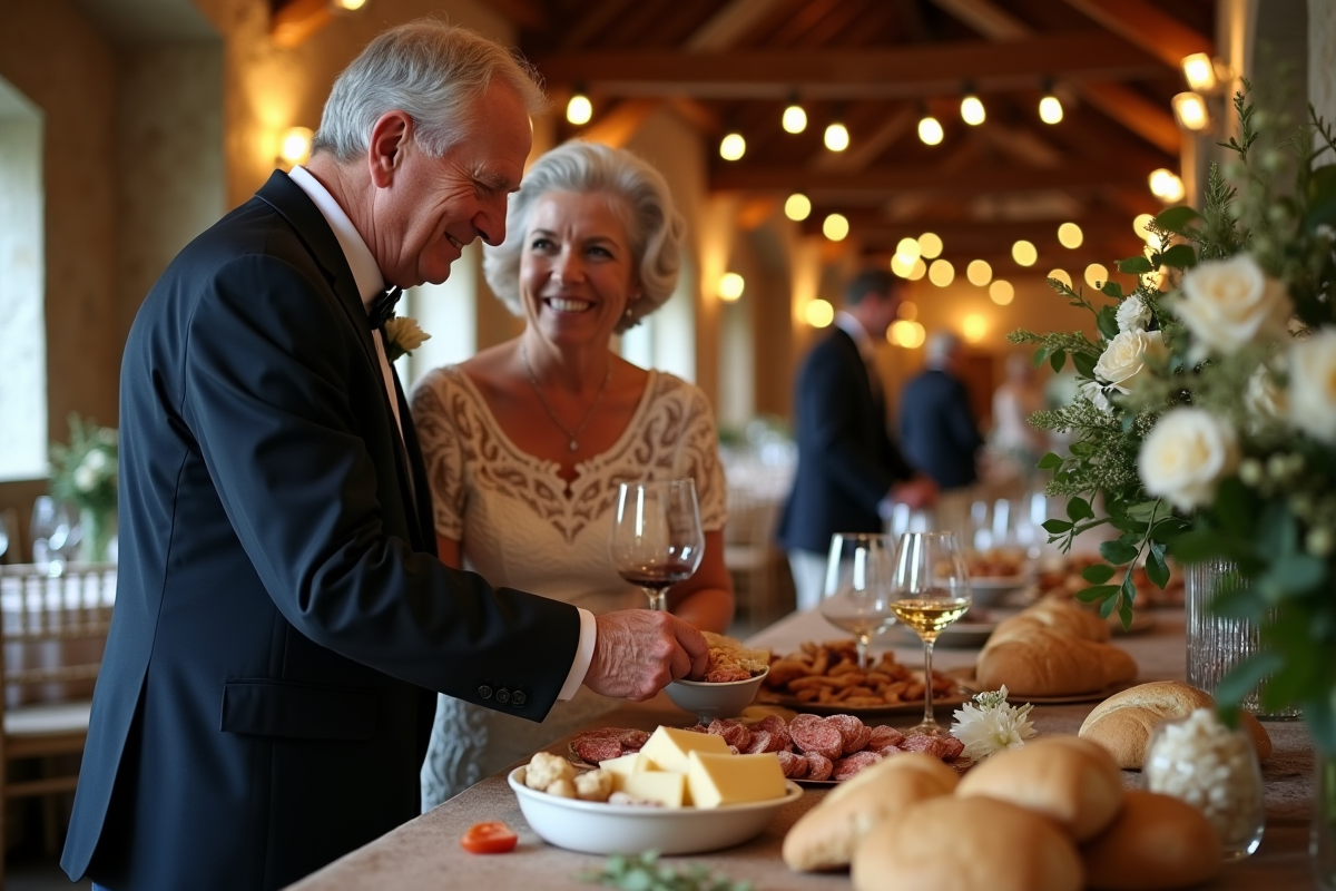 Couple âgé partageant un buffet de charcuterie en intérieur