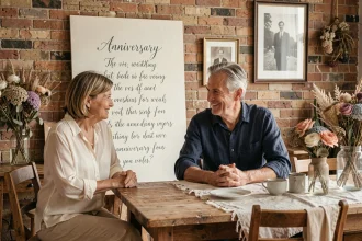 Couple d'anniversaire de mariage consultant un tableau de vœux personnalisés en calligraphie élégante dans une ambiance chaleureuse