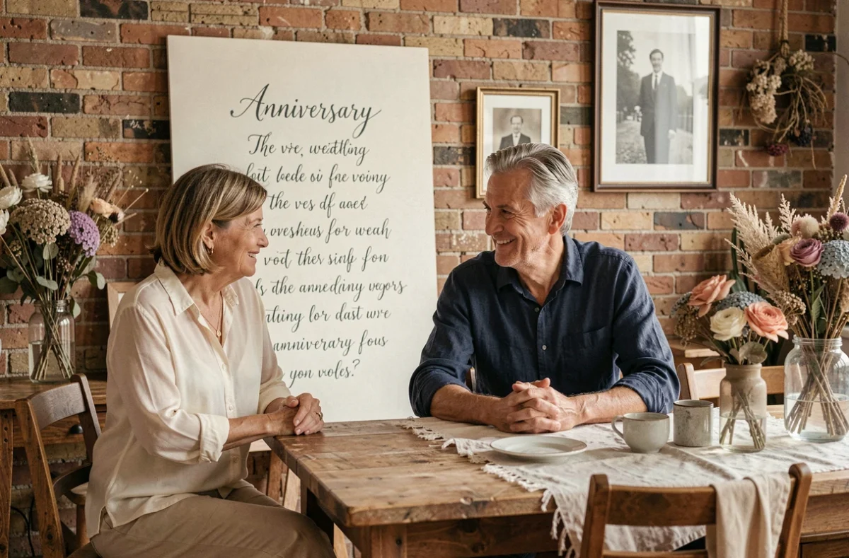 Couple d'anniversaire de mariage consultant un tableau de vœux personnalisés en calligraphie élégante dans une ambiance chaleureuse