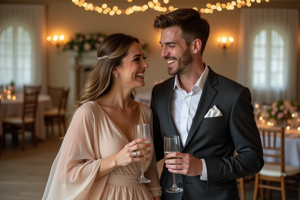 Couple en tenue de soirée chic et abordable lors d'une réception de mariage avec décoration florale