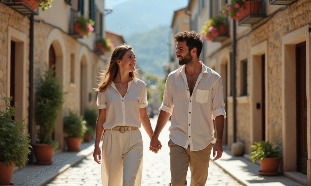 Couple main dans la main dans un village européen charmant