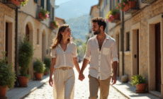 Couple main dans la main dans un village européen charmant
