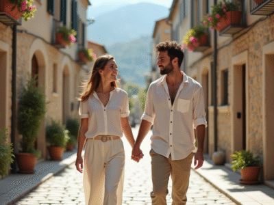 Couple main dans la main dans un village européen charmant
