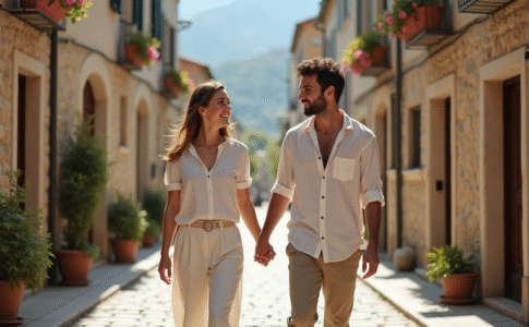 Couple main dans la main dans un village européen charmant