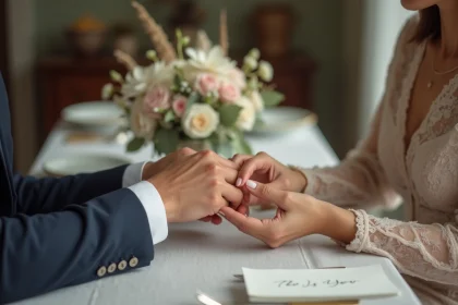 Couple élégant échangeant des vœux écrits à la main lors d'un dîner intime