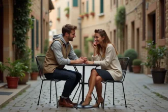 Jeune couple voyage romantique en village européen