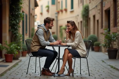 Jeune couple voyage romantique en village européen