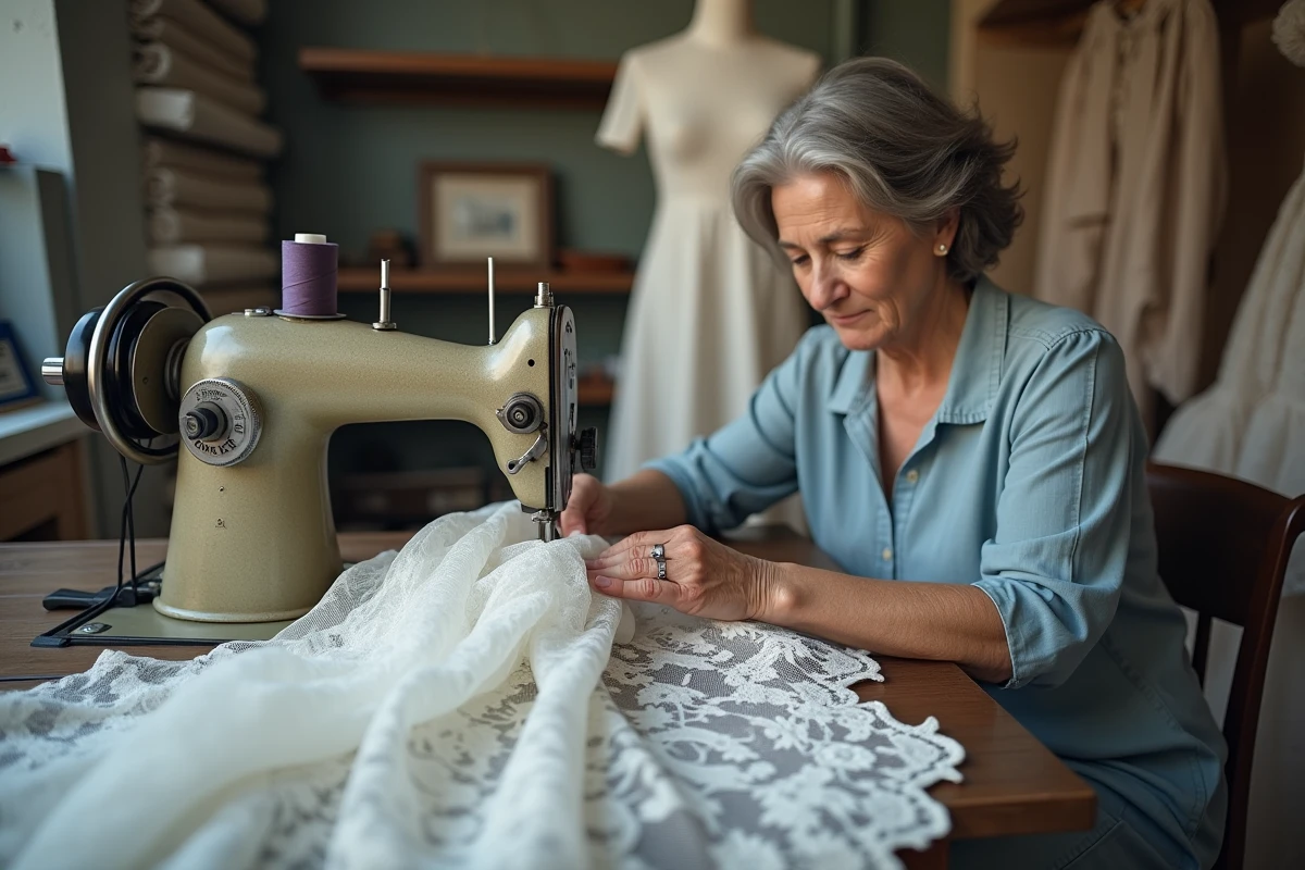 Couturière professionnelle réalisant des retouches sur une robe de mariée en dentelle dans un atelier de couture spécialisé