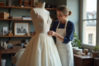 Couturière parisienne épinglant une robe de mariée en soie ivoire sur un mannequin dans un atelier de couture sur mesure en France