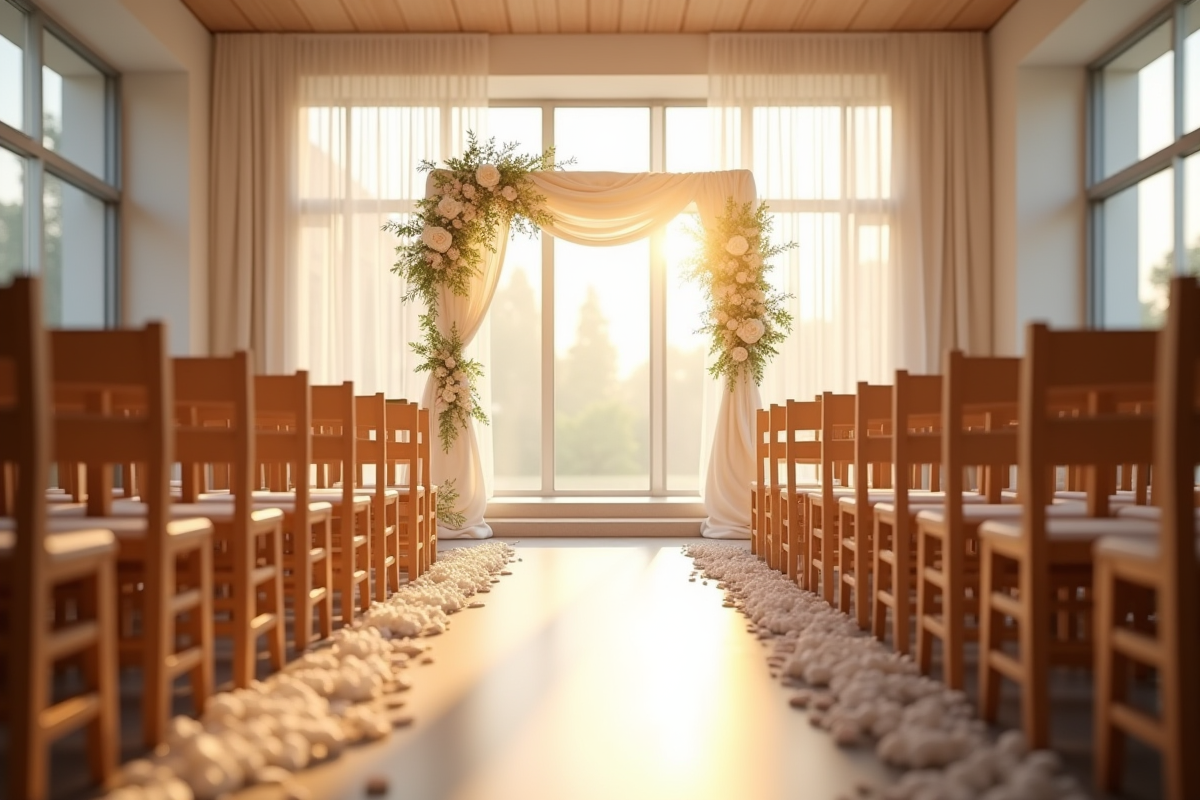 Cérémonie de mariage en intérieur avec chaises en bois et arches décorées de fleurs