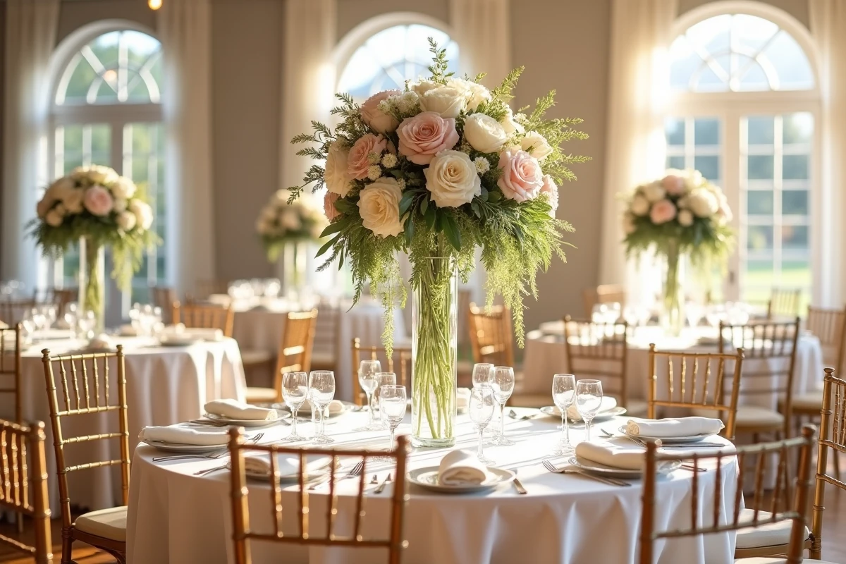 Décoration florale complète d'une salle de réception mariage avec centres de table en roses et renoncules blanches