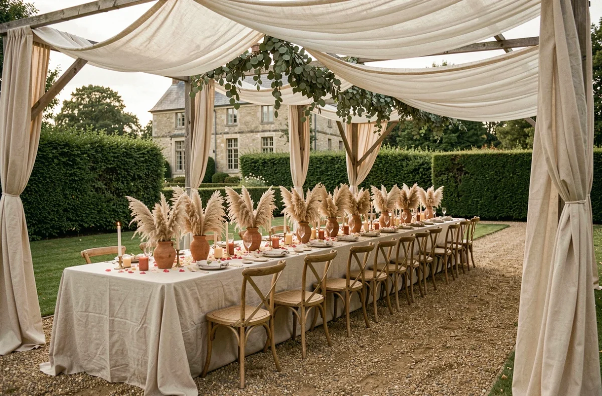 Décoration de mariage bohème en plein air avec tables en lin, herbes de la pampa et photophores en terre cuite dans un jardin de manoir