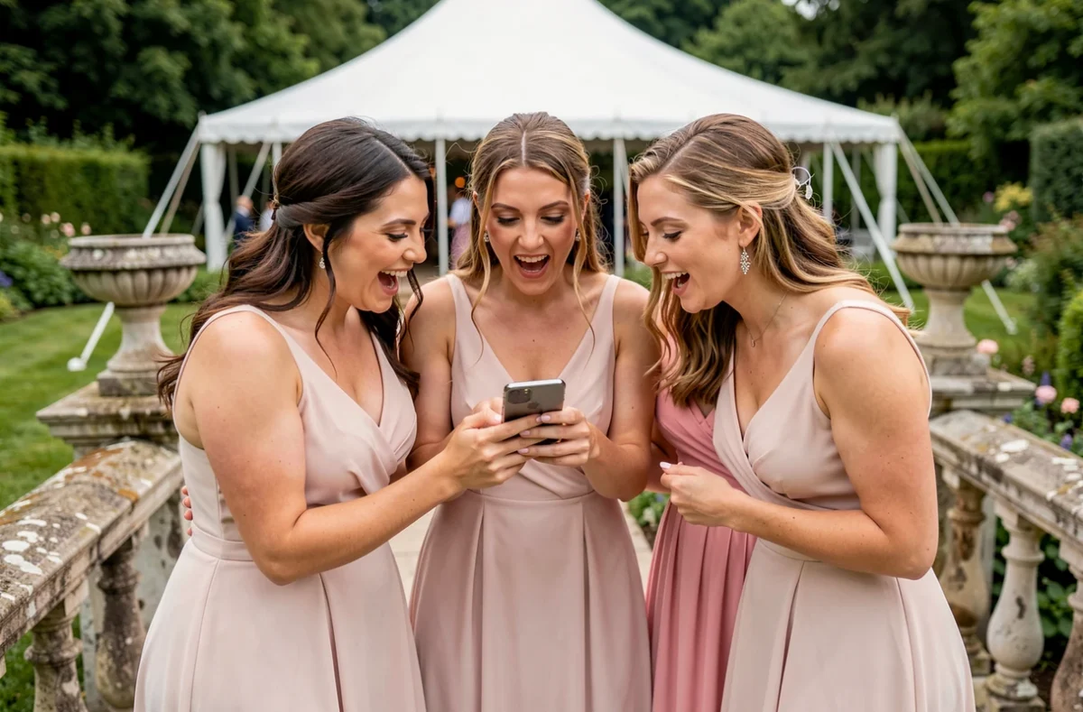 Demoiselles d'honneur réagissant aux publications sur les réseaux sociaux lors d'un mariage en plein air