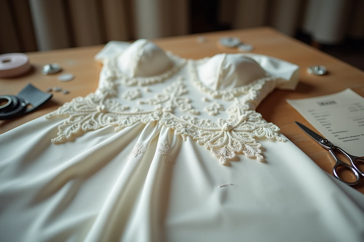Détail de dentelle Chantilly et devis manuscrit pour une robe de mariée fabriquée à la main en France sur une table de coupe d'atelier