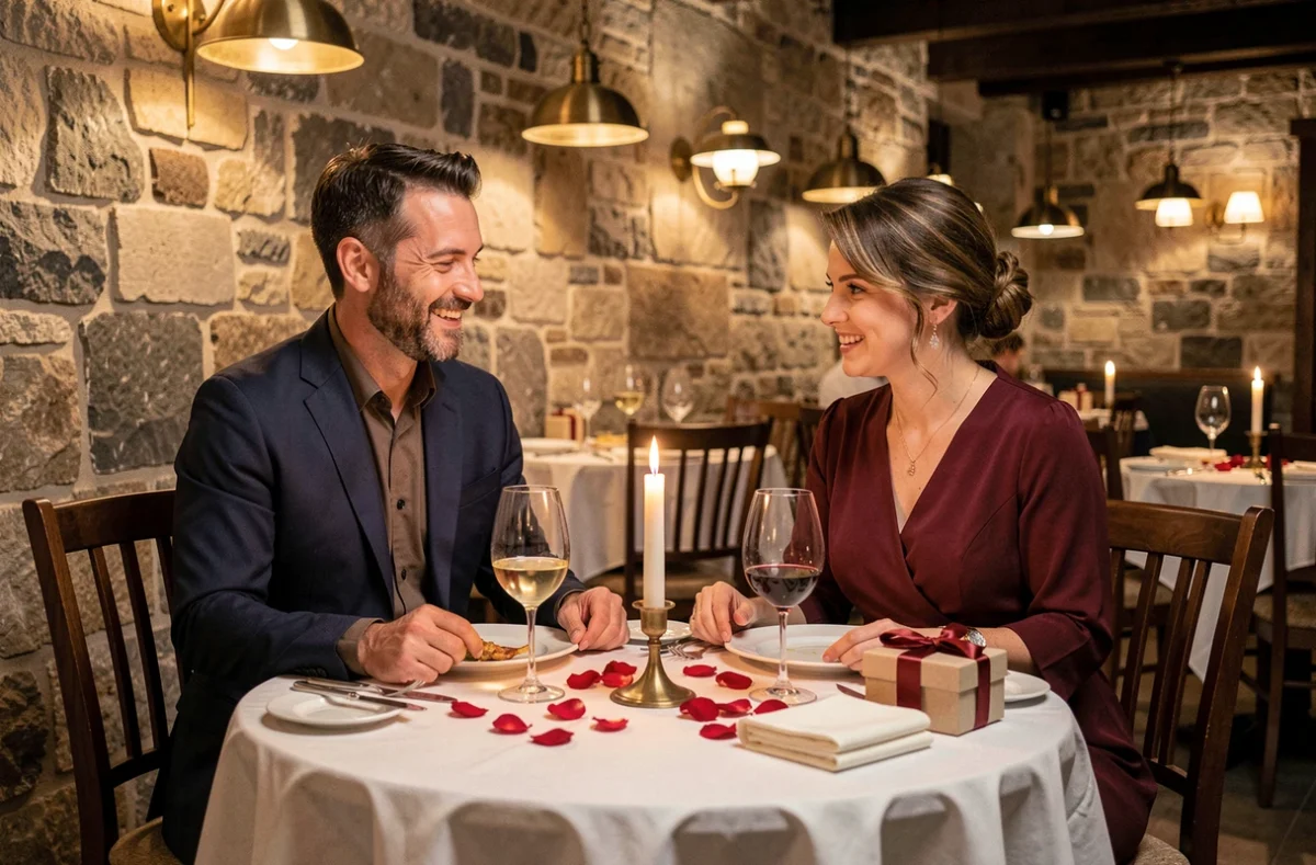 Couple célébrant leur anniversaire de mariage lors d'un dîner romantique aux chandelles dans un restaurant en pierre
