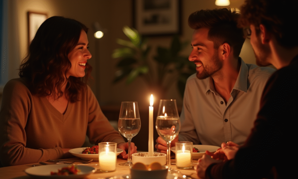Couple dinant à la maison avec bougies ambiance chaleureuse