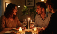 Couple dinant à la maison avec bougies ambiance chaleureuse