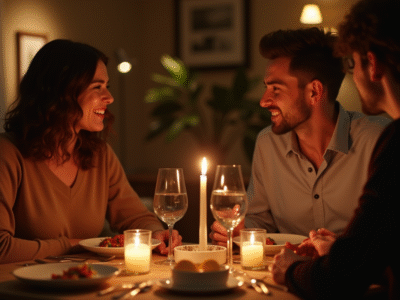 Couple dinant à la maison avec bougies ambiance chaleureuse