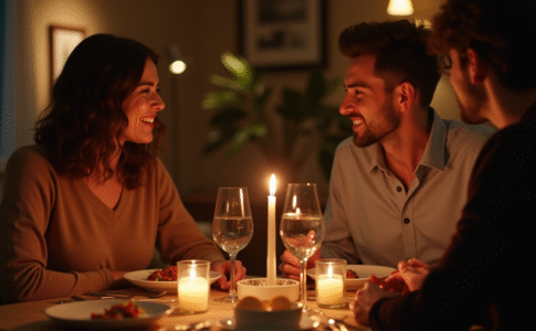 Couple dinant à la maison avec bougies ambiance chaleureuse