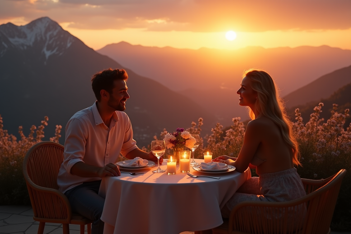 Couple dégustant un dîner romantique en montagne au coucher du soleil