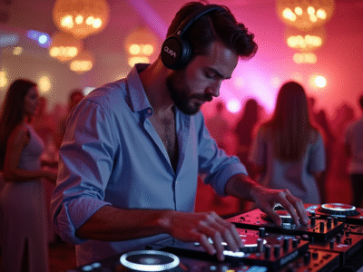 DJ homme concentré mixant lors d'une soirée festive