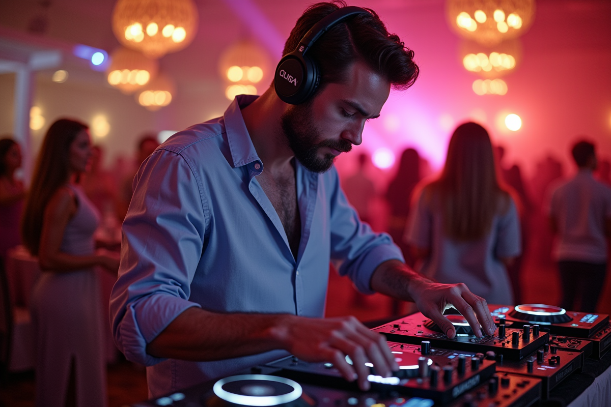 DJ homme concentré mixant lors d'une soirée festive
