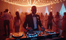 DJ de mariage souriant derrière un booth moderne lors d'une réception élégante