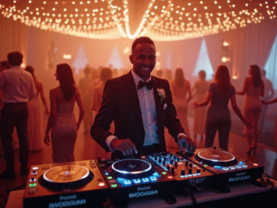 DJ de mariage souriant derrière un booth moderne lors d'une réception élégante