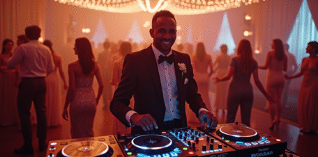 DJ de mariage souriant derrière un booth moderne lors d'une réception élégante